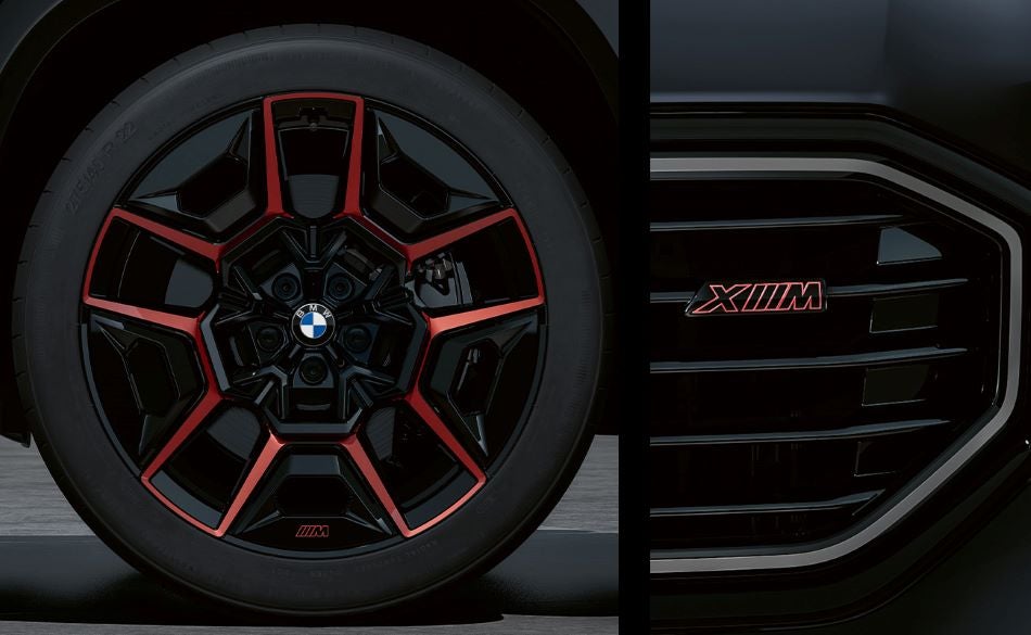 Detailed images of exclusive 22” M Wheels with red accents and XM badging on Illuminated Kidney Grille. in BMW of Spokane | Spokane WA