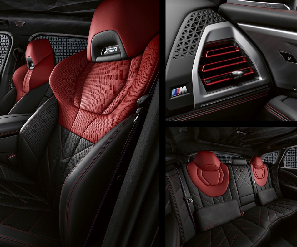 Detail of front seats, clad in exclusive BMW Individual Fiona Red & Black Merino Leather with exclusive M Signature Trim and red stitching and accents. Detail of red accented vent. Detail of rear M Lounge with exclusive XM pillows in BMW of Spokane | Spokane WA