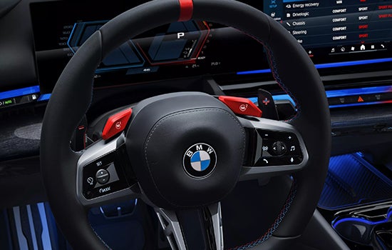 Close-up view of BMW M5 Touring steering wheel. | BMW of Spokane in Spokane WA